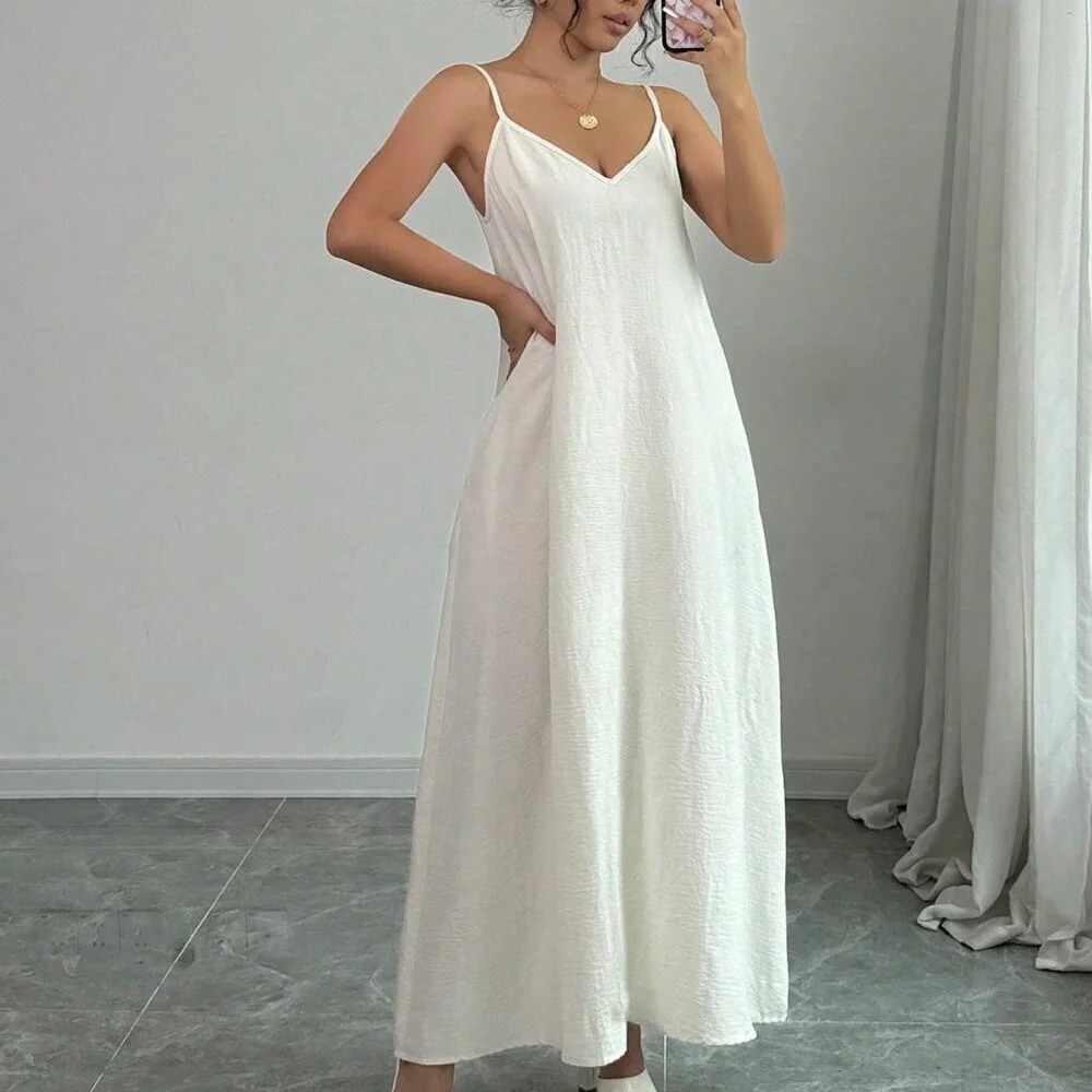 Apricot Casual Women's Adjustable Strap Loose White Long Cami Dress - Picture 6 of 6